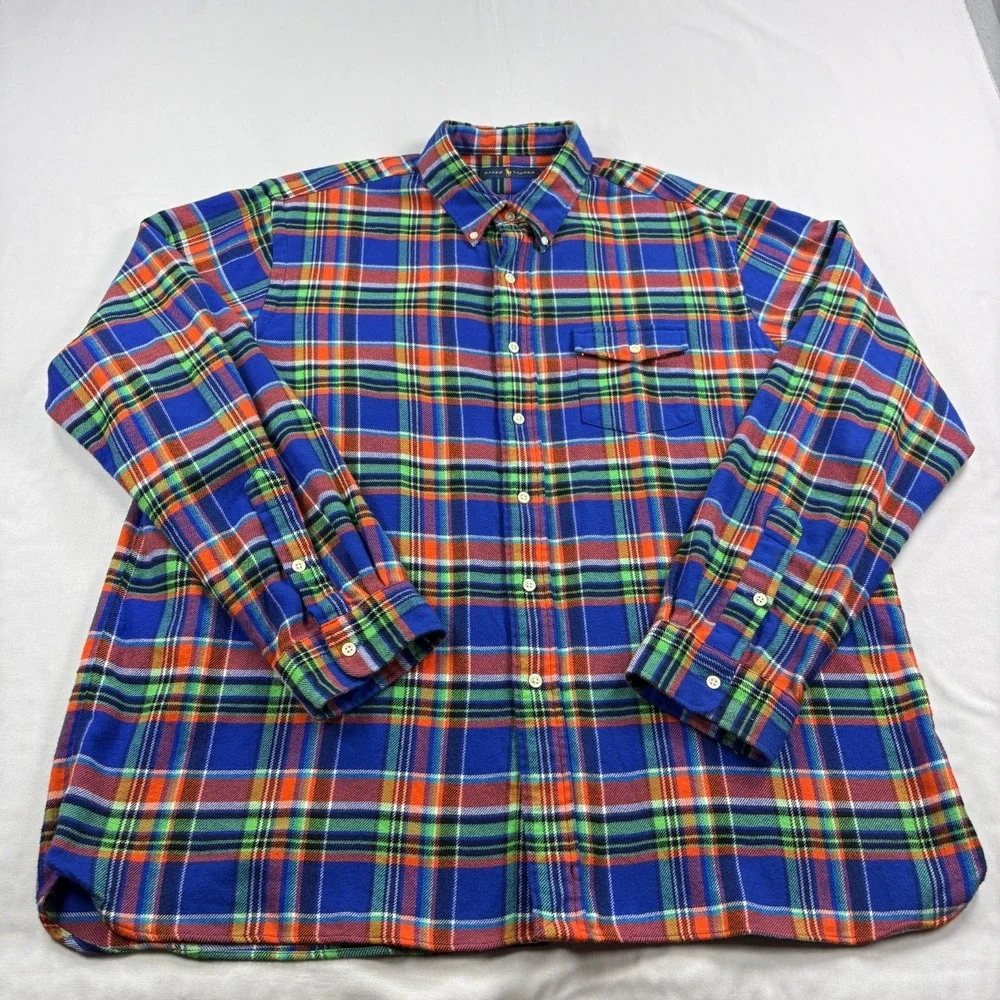 Polo Ralph Lauren Flannel Shirt Mens 2XL Blue Plaid Button Up Long Sleeve Casual